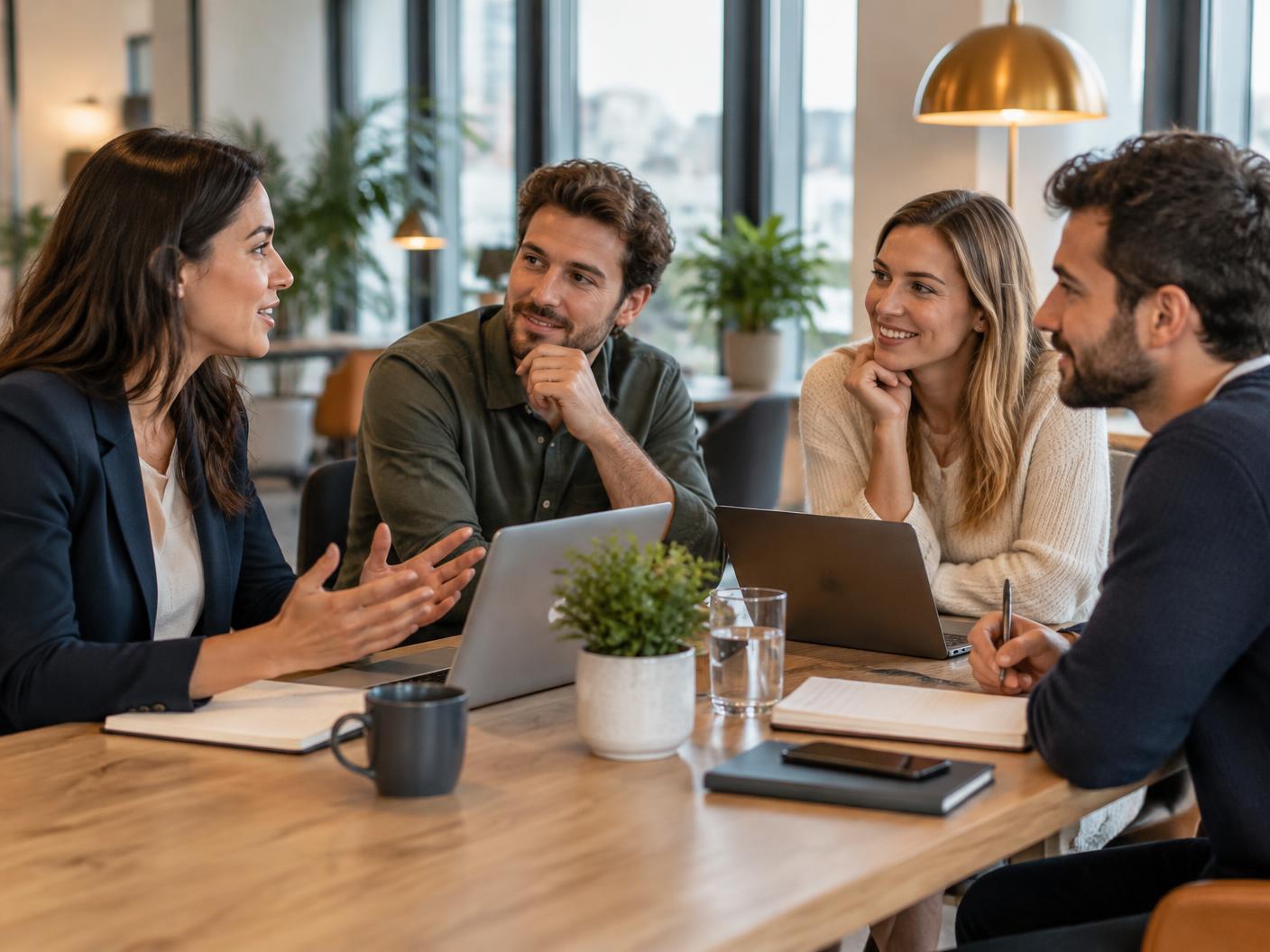 A Fleximore consultant briefing a fast-growing company's team around a meeting table