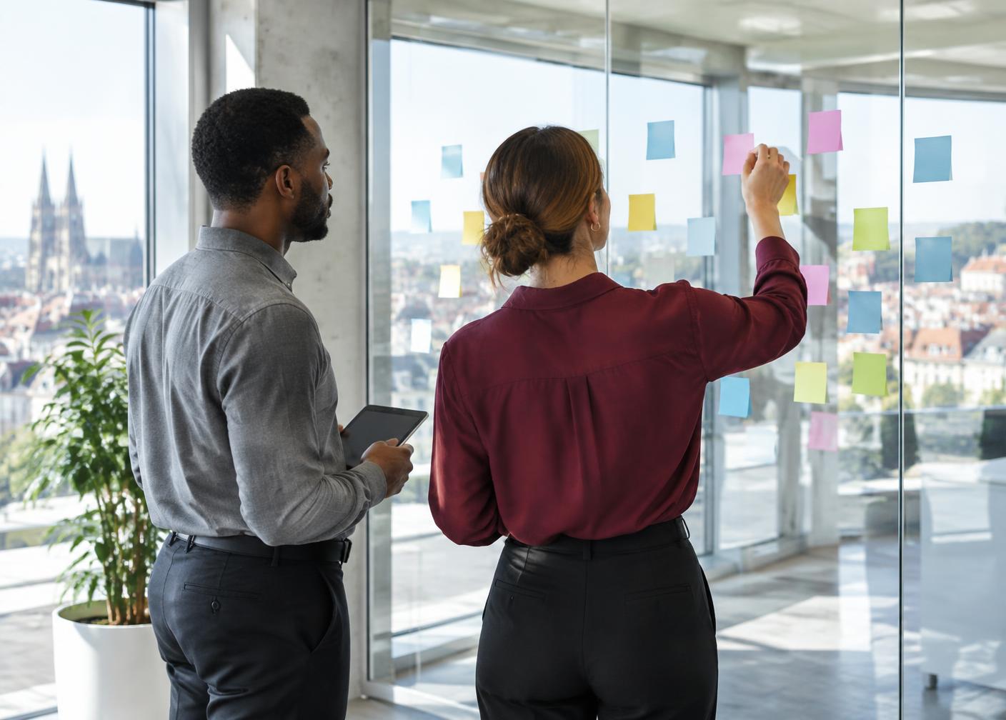 Recruiters planning a search at a glass planning wall